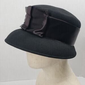 Vintage TinaToo Wool Cloche Hat Womens One Size Black Bollman Felt Ribbon Bow